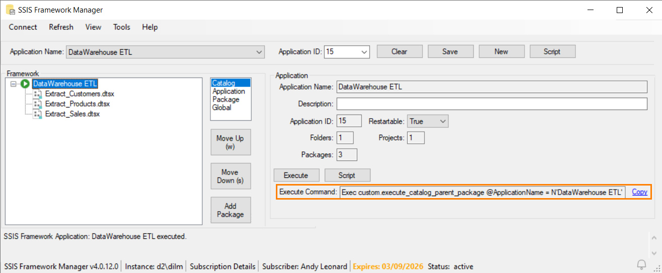 SSIS Framework Manager — Execute Command field showing the full T-SQL command ready to copy into SQL Agent or any scheduler